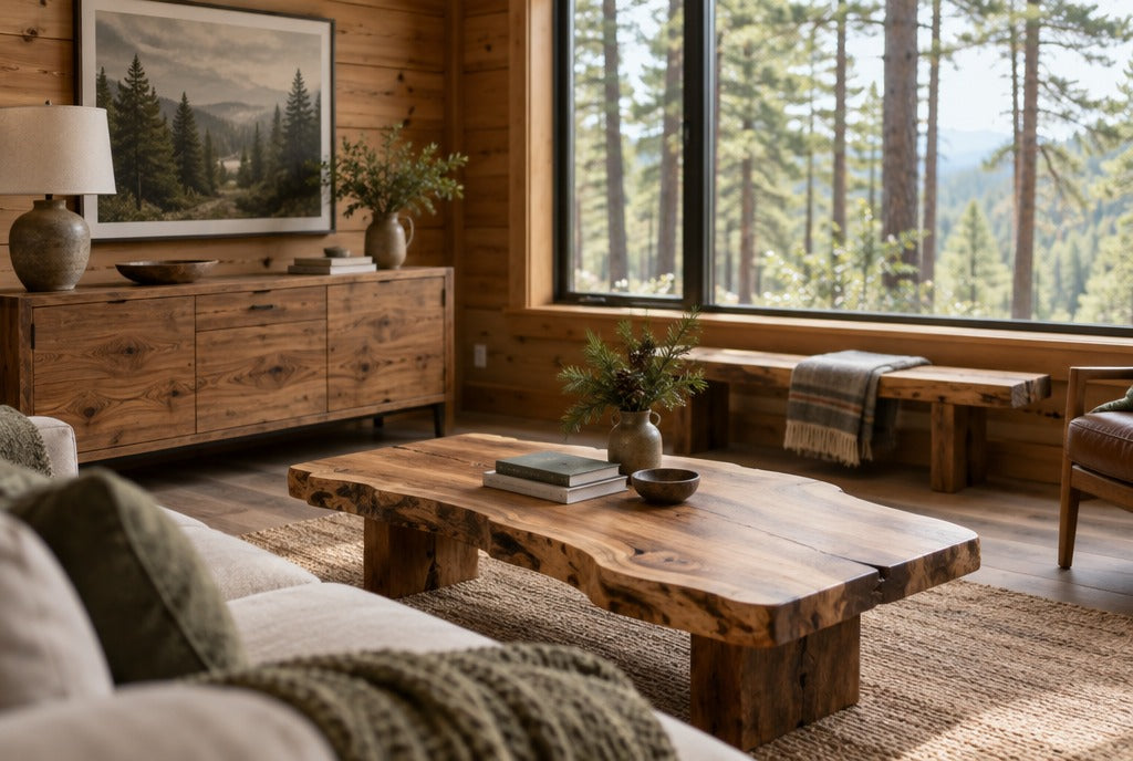 A cozy pine-country cabin living room with a solid wood console, a live edge coffee table, a wood bench and tall pines outside the window