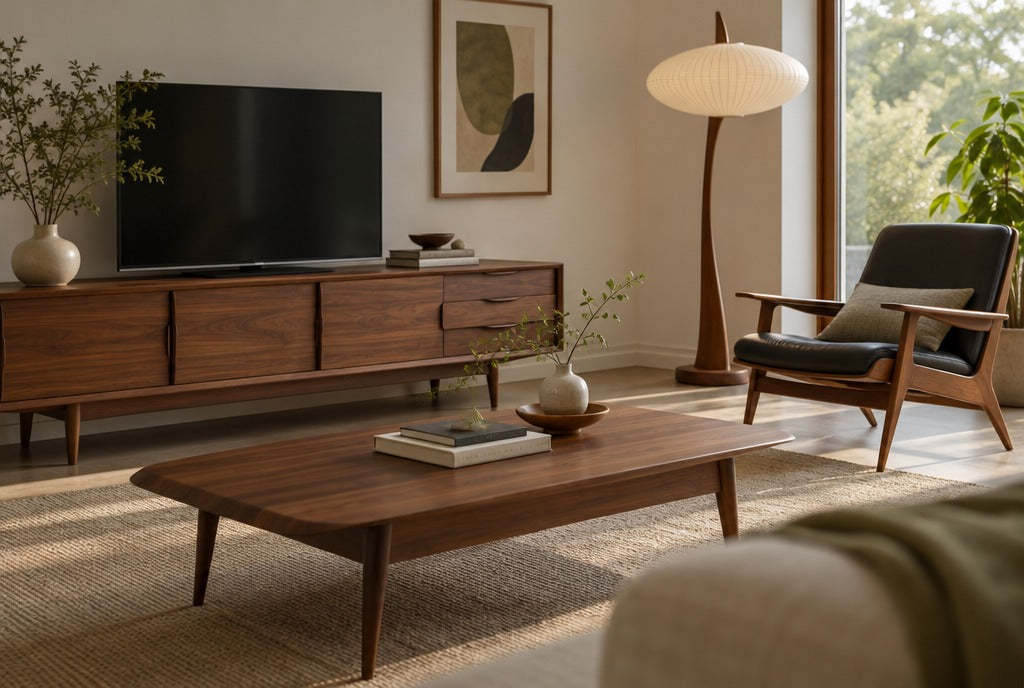 A mid-century modern living room with a low solid wood media console, a wood coffee table, a lounge chair and a sculptural floor lamp