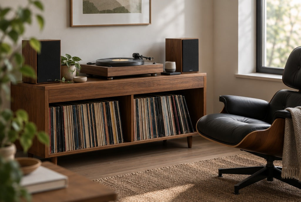 A cozy record player corner with a solid wood record stand, vinyl records stored below, a turntable, speakers and a lounge chair