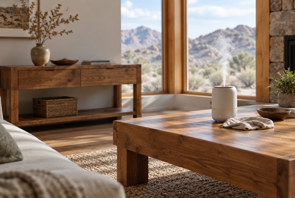 A solid wood console and coffee table in a sunny high-desert cabin with a humidifier and a soft cloth