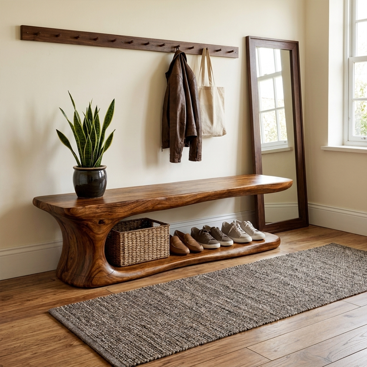 Rustic Natural Edge Wooden Shoe Bench Entry Hall