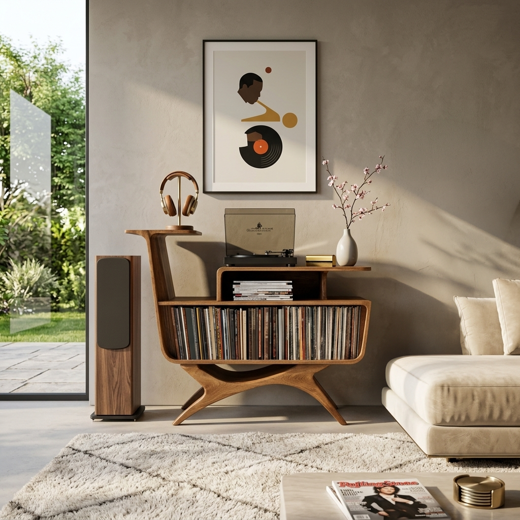 Modern Wooden Record Player Stand With Open Frame For Living