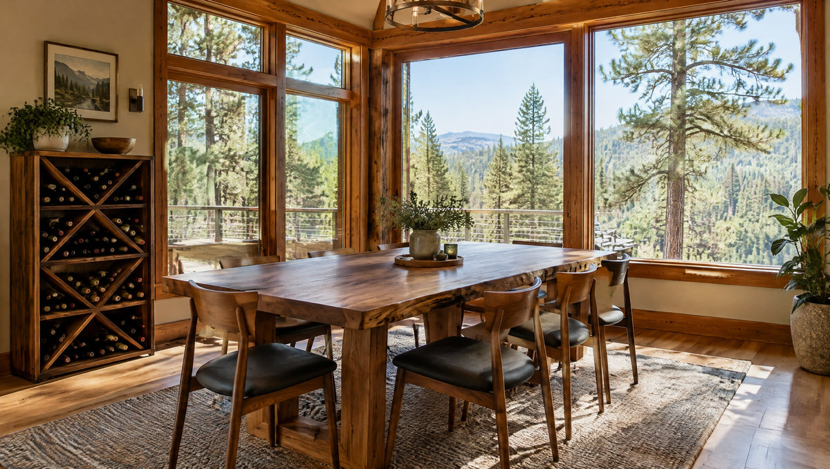 A bright cabin dining area with a solid wood table, mid-century style chairs and pine trees outside