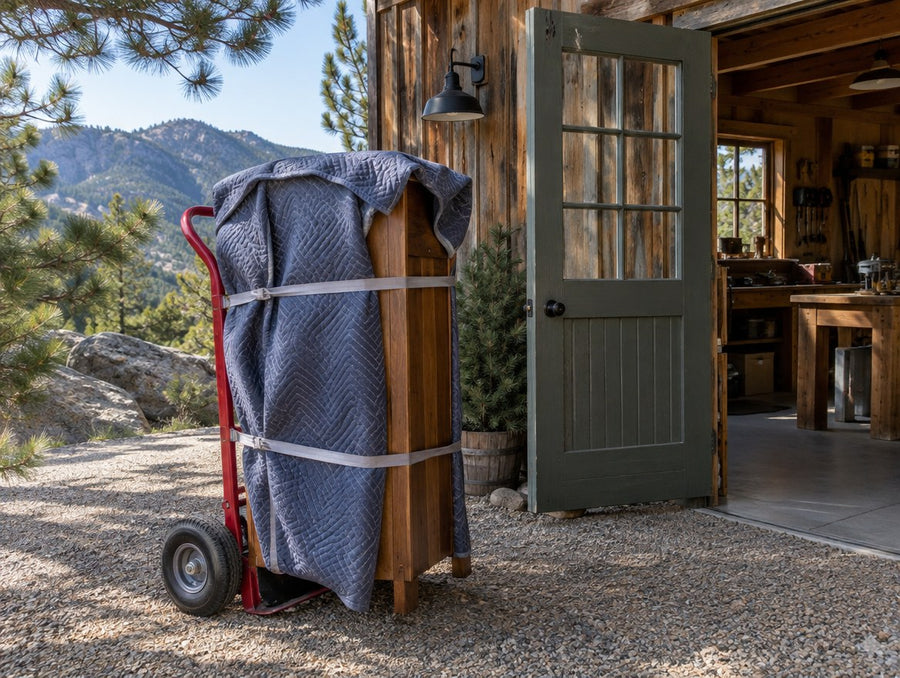 A blanket-wrapped solid wood console beside a pine-shaded workshop door