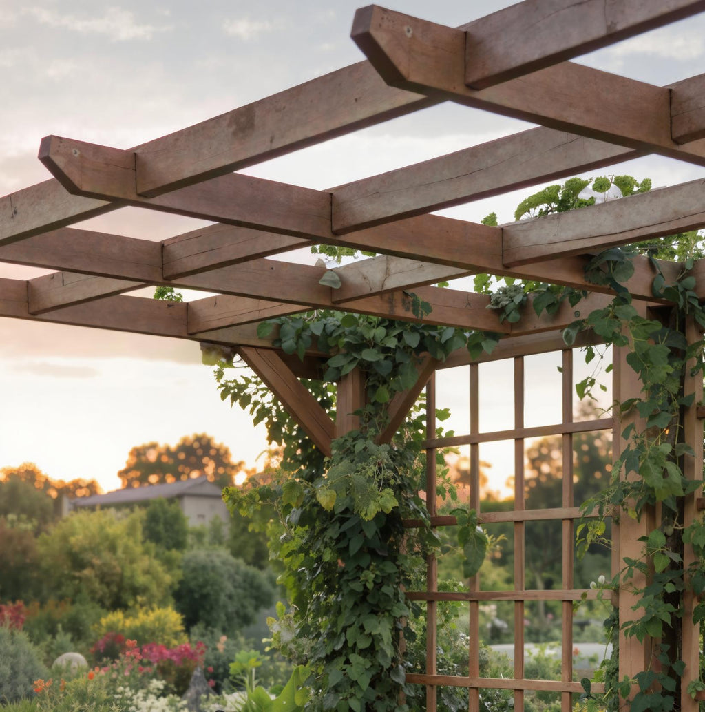 Rustic Handcrafted Outdoor Garden Seating And Trellis For Patio Or Yard